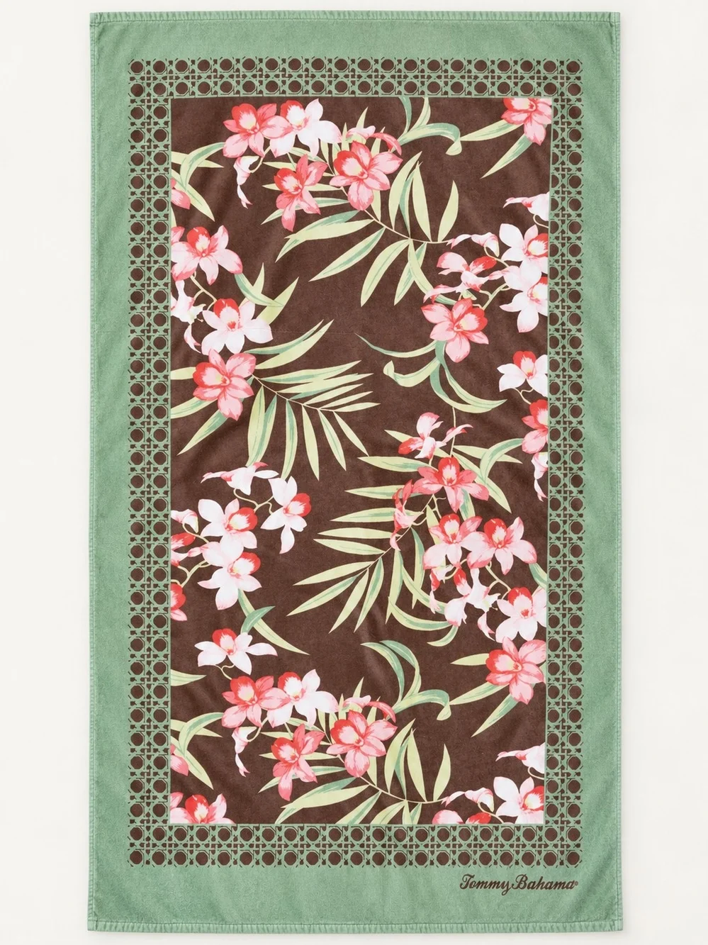 Tommy Bahama Brown Floral Center Beach Towel with Green Border